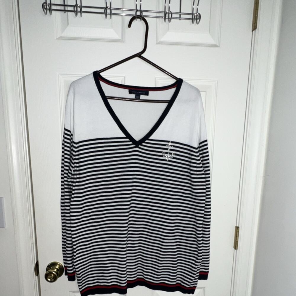 Tommy Hilfiger Womens XXL Navy White Striped Anchor Rhinestone V-Neck Sweater‎